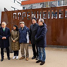 Gruppenbild mit OB Nopper, Landtagspräsidentin Muhterem Aras, Garry Fabian, Michael Kienzle und Roland Kugler von der Stiftung Geißstraße